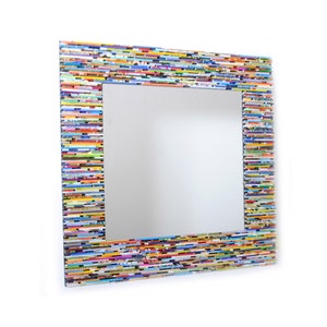 colorful square mirror, wall art made from recycled magazines, blue, green, red, purple, pink, yellow, orange image 1