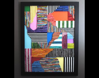 LARGE colorful collage WALL ART made from recycled magazines- layers,lines,pieces, depth,detail,modern,unique,colorful, pattern, texture