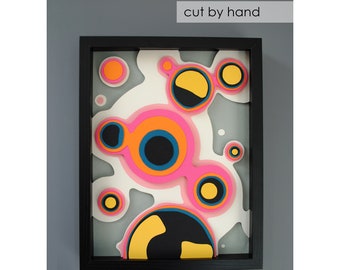 Mid Century Modern abstract art -PAPER CUTTING - fluid bubbles, MOD, colorful, fluid, geometrics, handmade,unique wall art, framed paper art