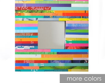 COLORFUL square mirror- made from recycled magazines, square, strips of paper, bright, multi-colored, art,design, interior designer,unique