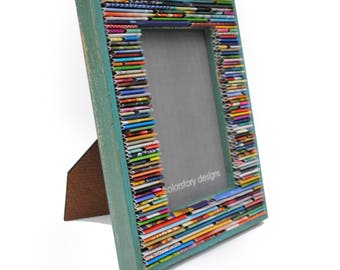 colorful TEAL  or BLUE picture frame - made from recycled magazines, weathered teal frame, green, red, purple, pink, yellow, orange, rustic