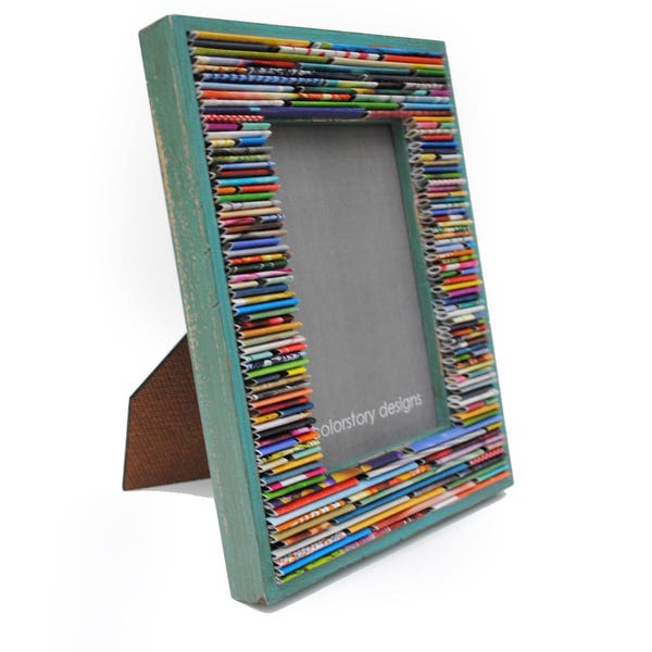 colorful TEAL  or BLUE picture frame - made from recycled magazines, weathered teal frame, green, red, purple, pink, yellow, orange, rustic