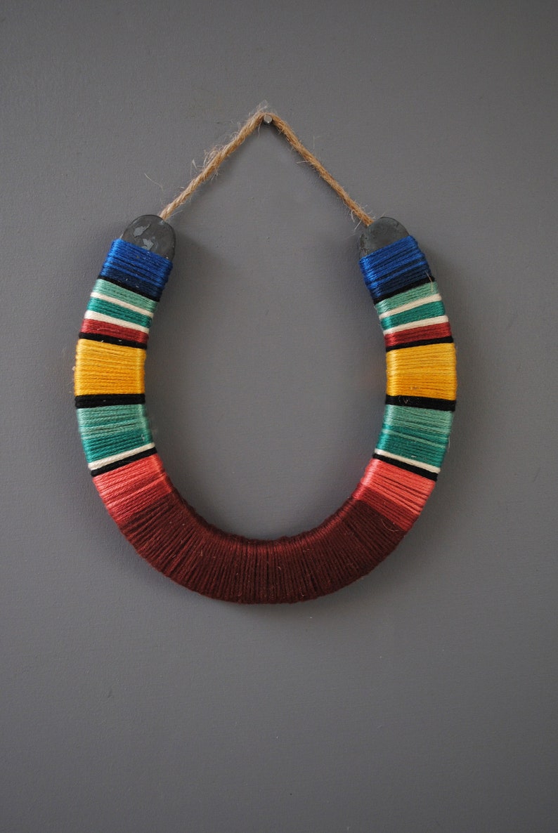 Horseshoe Wall Hanging rainbow yarn-wrapped, colorful stripes, lucky, serape, rustic, nursery,modern, Boho, macrame,fiber art,modern,simple image 1