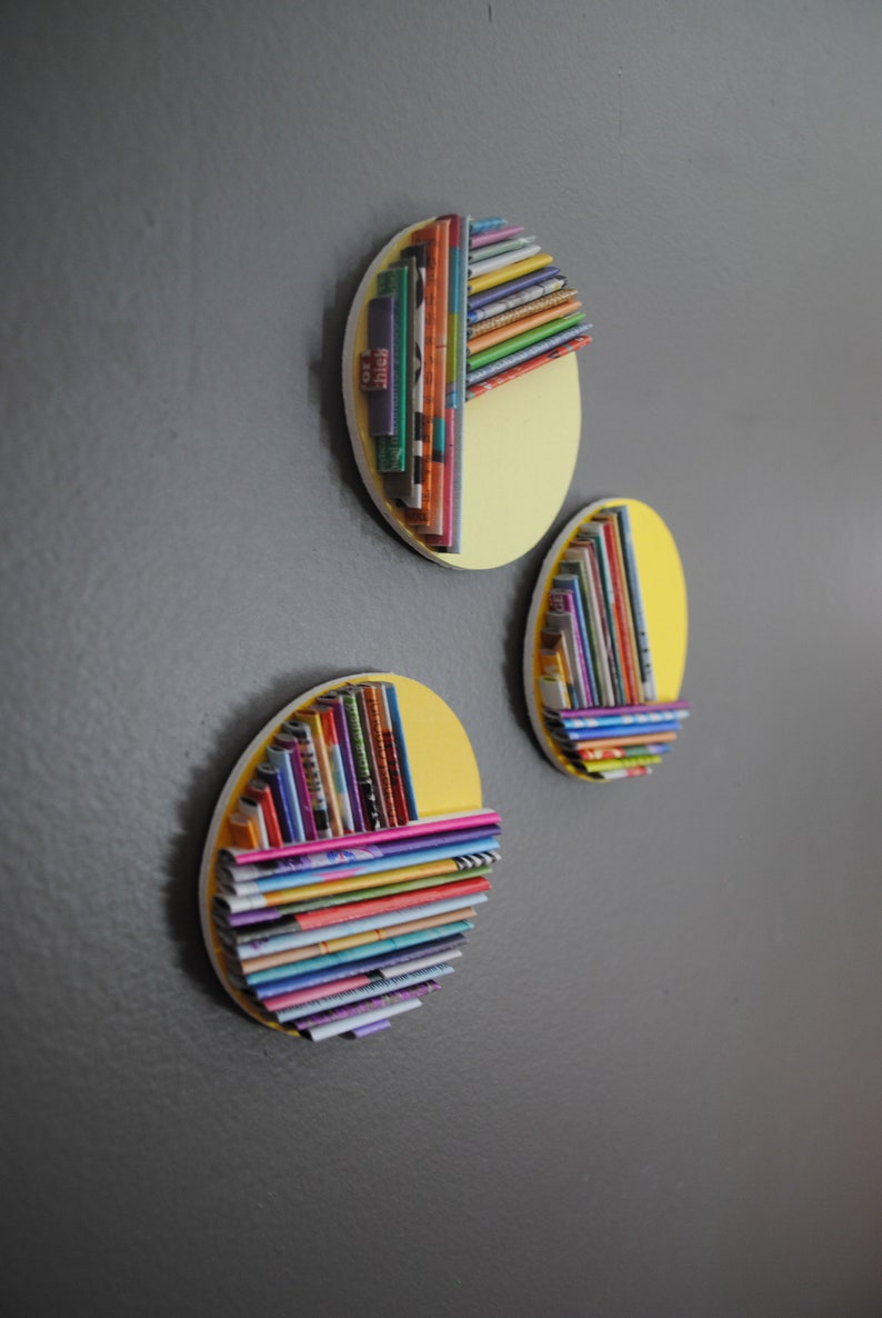 yellow set of 3 cirlces round BRIGHT modern wall art made from recycled magazines,unique,round,pop of color,color blocking,cute,fun image 2