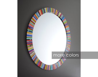 oval mirror - made with recycled magazines - bright, unique wall art, colorful, stripes, modern,interior design, you choose your own color