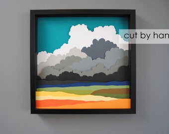 abstract clouds landscape art-PAPER CUTTING - colorful paper layers,depth,texture,layers,scene,trendy,unique wall art, framed paper cut