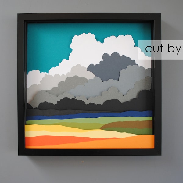 abstract clouds landscape art-PAPER CUTTING - colorful paper layers,depth,texture,layers,scene,trendy,unique wall art, framed paper cut