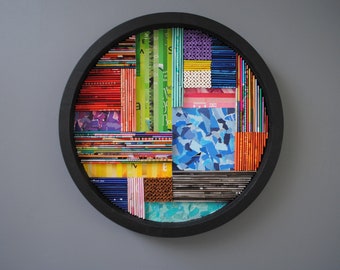 collage WALL ART made from recycled magazines-layers,curves,lines, depth,detail,modern,unique,bright, colorful, pattern, texture