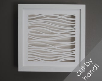 swirly stripes monochromatic texture - delicate PAPER CUTTING - depth, Paper cut art, unique wall art, framed, white paper,layer,decorative