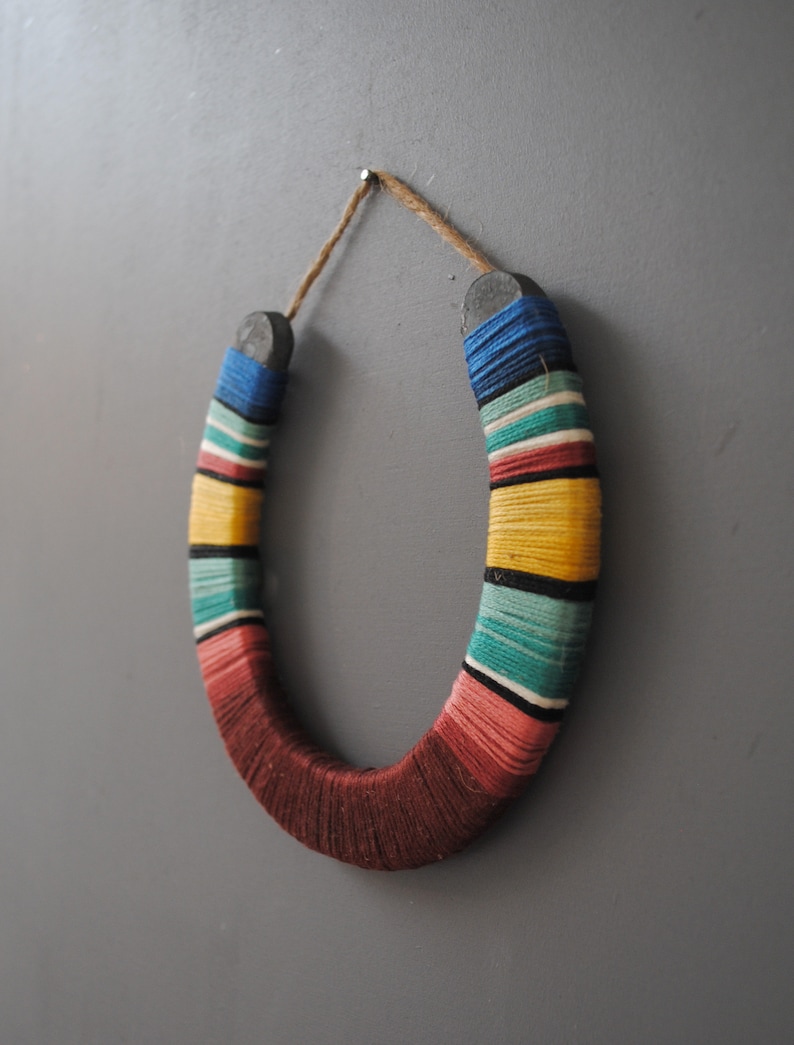 Horseshoe Wall Hanging rainbow yarn-wrapped, colorful stripes, lucky, serape, rustic, nursery,modern, Boho, macrame,fiber art,modern,simple image 2