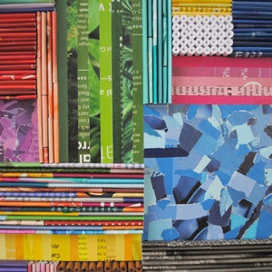 collage WALL ART made from recycled magazines-layers,curves,lines, depth,detail,modern,unique,bright, colorful, pattern, texture image 4