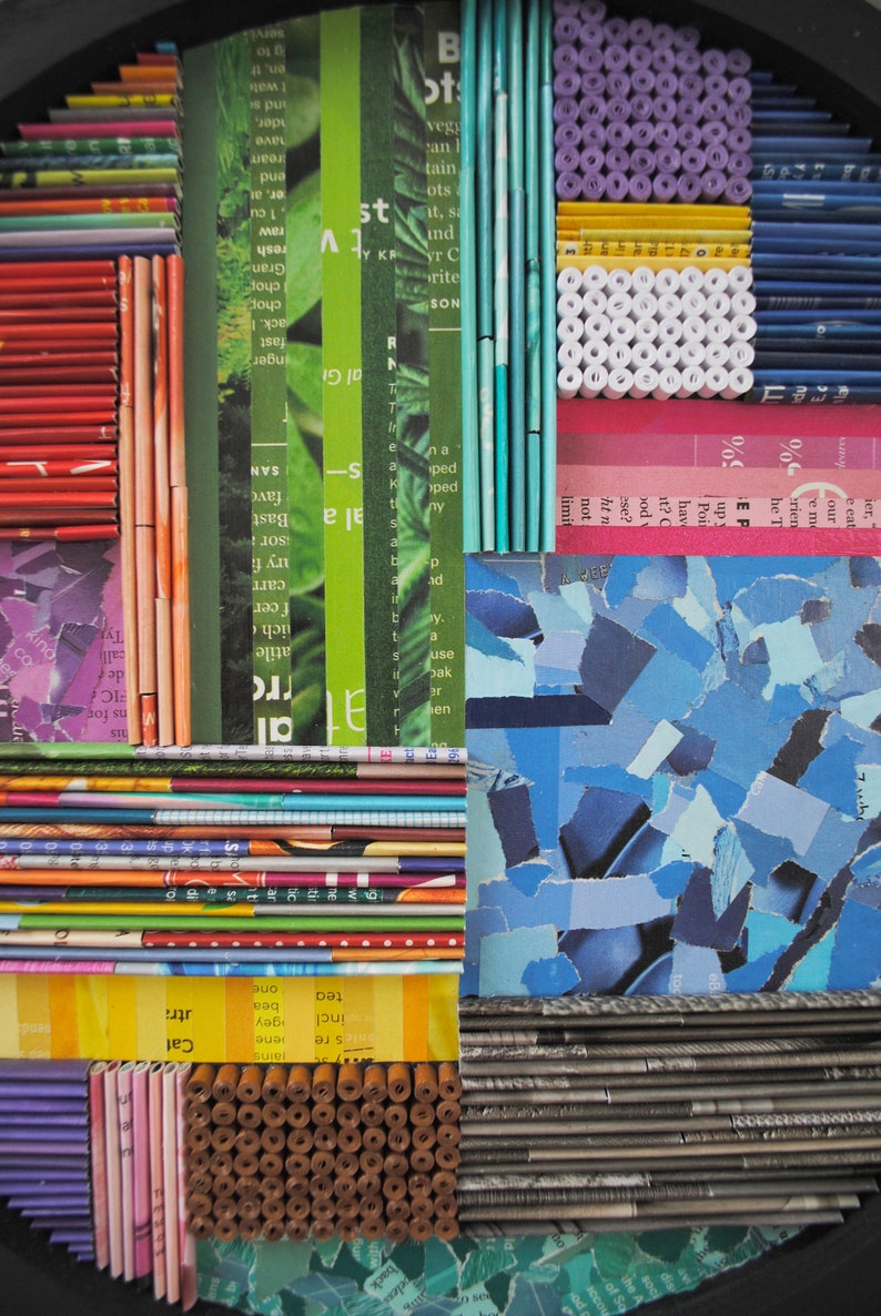 collage WALL ART made from recycled magazines-layers,curves,lines, depth,detail,modern,unique,bright, colorful, pattern, texture image 4
