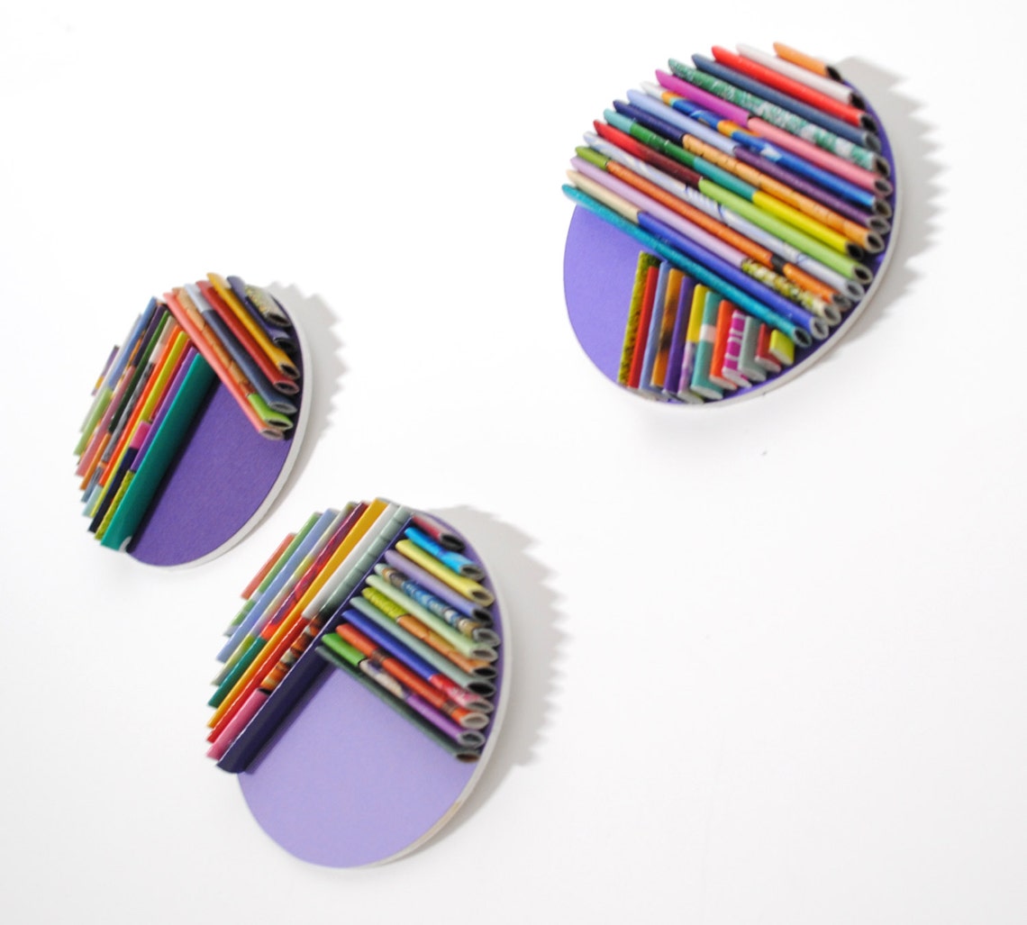 Purple set of 3 round BRIGHT modern wall art made from Etsy