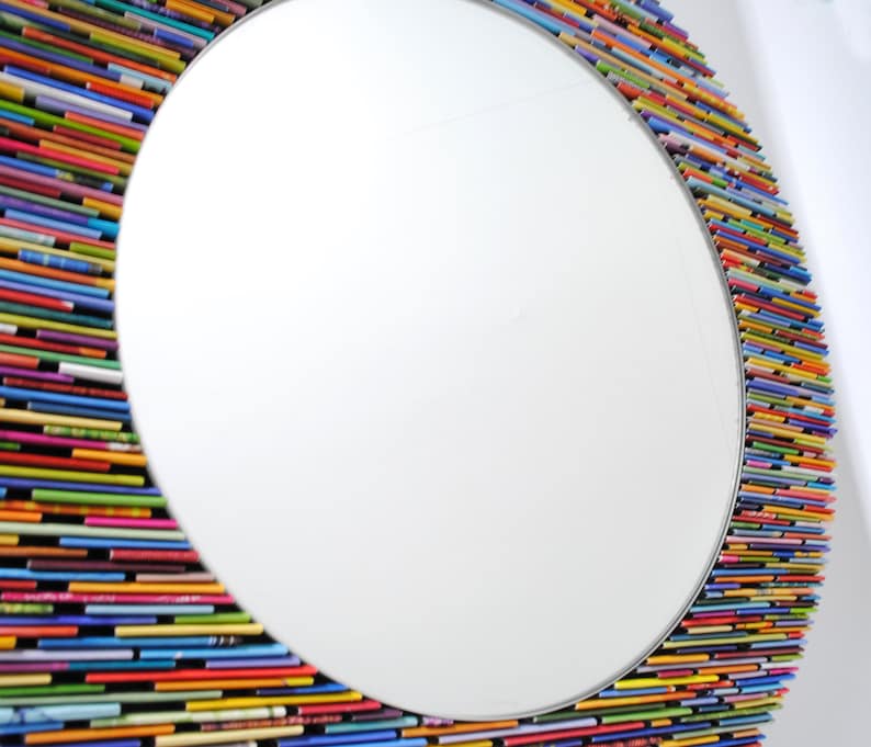 colorful 18 inch diameter bright round mirror, wall art made from recycled magazines, blue, green, red, purple, pink, yellow, orange image 2