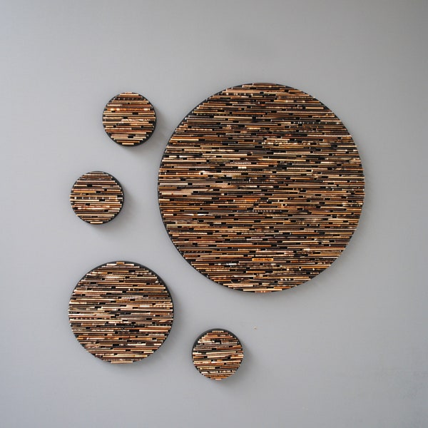 SMALL set of 5 neutral colored round wall art- made from recycled magazines, colorful, unique, texture, home decor, pop of color,living room