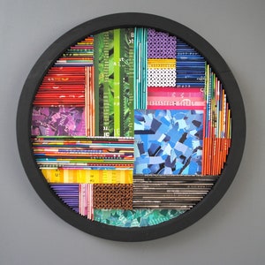 collage WALL ART made from recycled magazines-layers,curves,lines, depth,detail,modern,unique,bright, colorful, pattern, texture