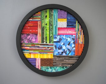 collage WALL ART made from recycled magazines-layers,curves,lines, depth,detail,modern,unique,bright, colorful, pattern, texture