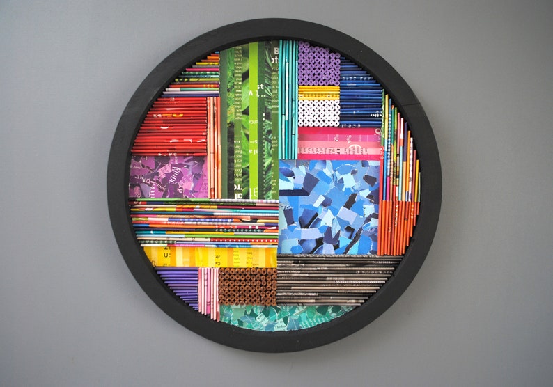 collage WALL ART made from recycled magazines-layers,curves,lines, depth,detail,modern,unique,bright, colorful, pattern, texture image 1