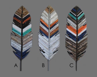 FEATHER- navy,orange,teal, neutral colored wall art - made from recycled magazines,unique,home decor,interior design,handmade,native,natural