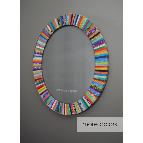 oval picture frame- made from recycled magazines, colorful,stripes,blue,green,red,purple,pink,yellow, orange,gift idea, wall  portrait frame