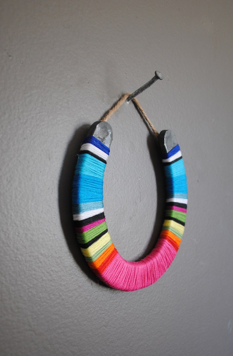 Horseshoe Wall Hanging rainbow yarn-wrapped, colorful stripes, lucky, serape, rustic, nursery,modern, Boho, macrame,fiber art,modern,simple image 3