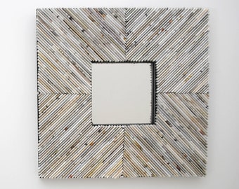 CHEVRON, off-white, square mirror - made from recycled magazines, pastel,white, grey, neutral,unique, interior design, shabby chic,weathered