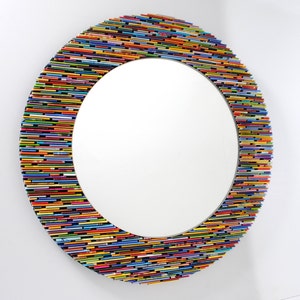 colorful 18 inch diameter bright round mirror, wall art made from recycled magazines, blue, green, red, purple, pink, yellow, orange image 1