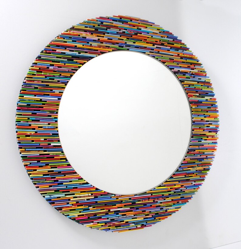 colorful 18 inch diameter bright round mirror, wall art made from recycled magazines, blue, green, red, purple, pink, yellow, orange image 1