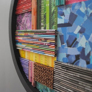 collage WALL ART made from recycled magazines-layers,curves,lines, depth,detail,modern,unique,bright, colorful, pattern, texture image 2