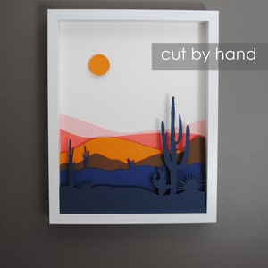 desert scene PAPER CUTTING - colorful cacti, depth, texture,layers,creative,Paper cut art,mountains,trendy,unique wall art, framed paper cut