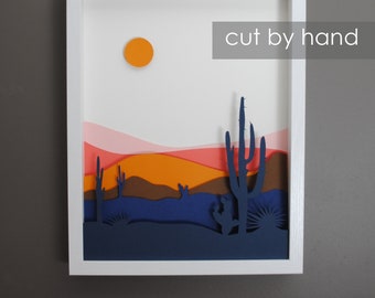 desert scene PAPER CUTTING - colorful cacti, depth, texture,layers,creative,Paper cut art,mountains,trendy,unique wall art, framed paper cut