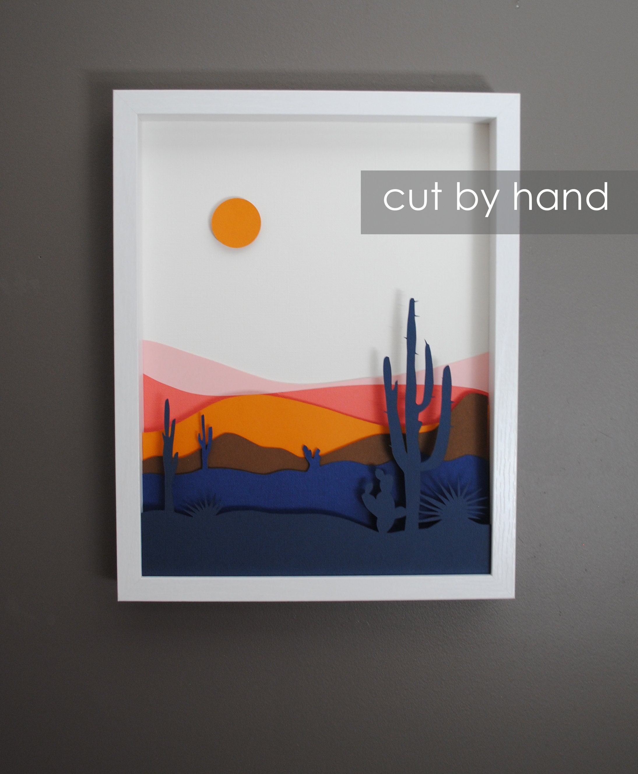desert scene PAPER CUTTING - colorful cacti, depth, texture,layers,creative,Paper cut art,mountains,trendy,unique wall art, framed paper cut