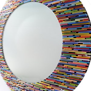 colorful 18 inch diameter bright round mirror, wall art made from recycled magazines, blue, green, red, purple, pink, yellow, orange image 4