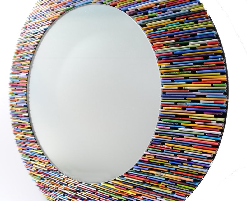 colorful 18 inch diameter bright round mirror, wall art made from recycled magazines, blue, green, red, purple, pink, yellow, orange image 4