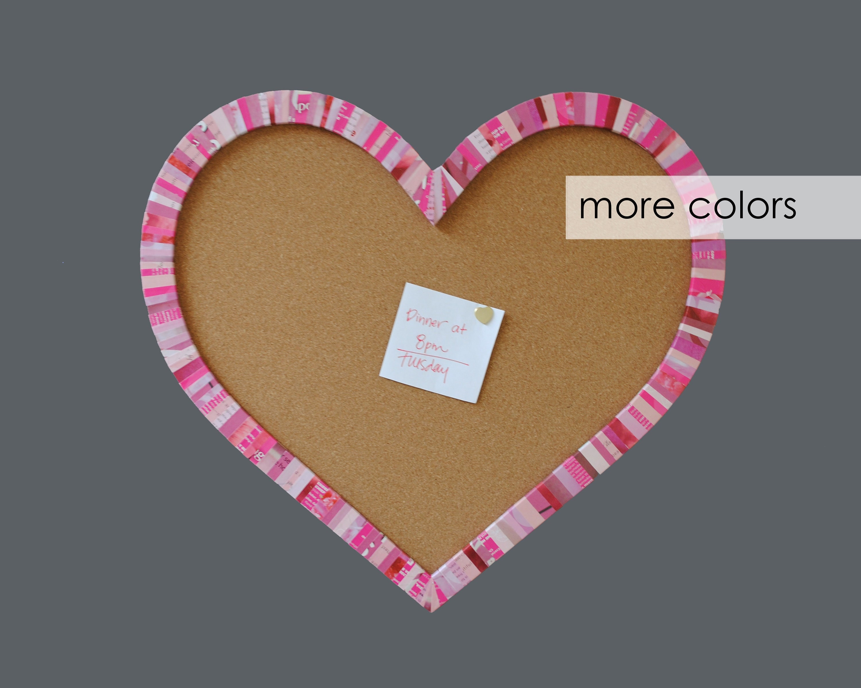 heart cork board- made from recycled magazines,colorful stripes, red, purple, pink,bulletin board, love, little girls room, nursery,art