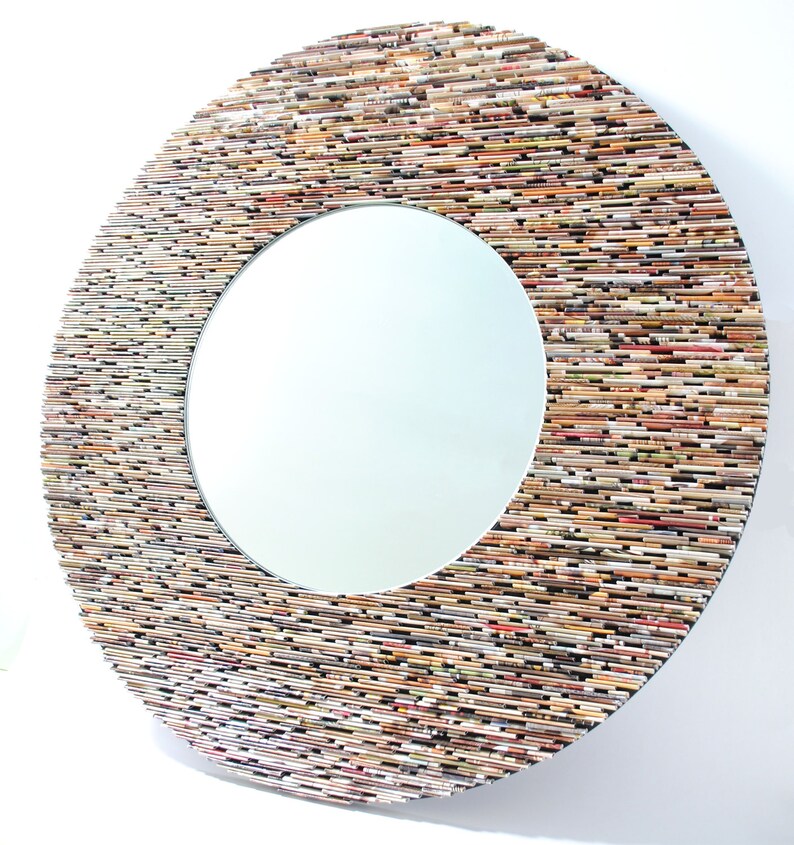 24 Inch Diameter Neutral Round Mirror Wall Art Made From Recycled S Brown Tan Modern Interior Design Texture