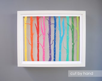 RAINBOW birch tree forest shadowbox- made from recycled magazines, trees, birch, nature, forest, frame, modern trees, depth, layers, unique