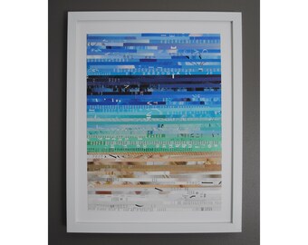 BEACH seascape - framed recycled magazine wall art-,modern,sky,unique,framed,coastal, design, colorful, waves,tide,sand,relax,water,vacation