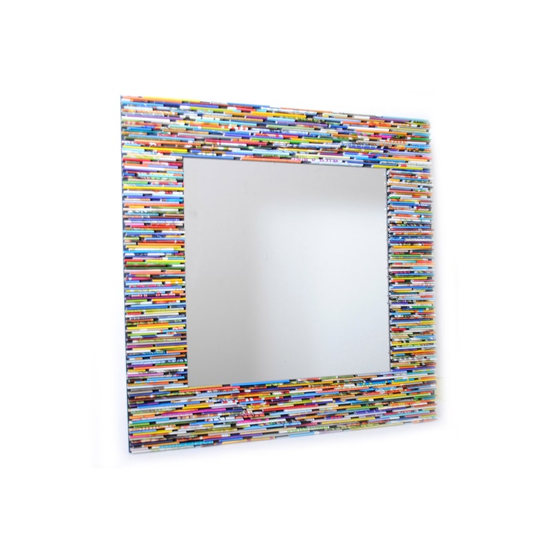 colorful square mirror, wall art made from recycled magazines, blue, green, red, purple, pink, yellow, orange image 1