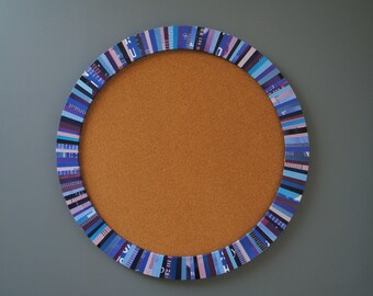 BLUE PURPLE large 18" dia. cork board-made from recycled magazines,colorful stripes,red,green,purple,pink,yellow,bulletin board,round,circle