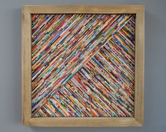 large SQUARE rustic framed art- made from recycled magazines, modern, diagonal, colorful, recycled, wood, wall art, love, geometric, fun