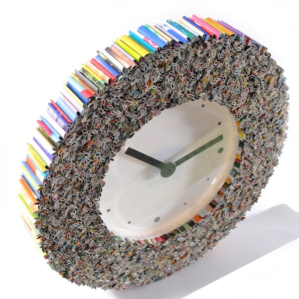 clock wall art, made from recycled magazines, colorful, unique, blue, green, red, purple, pink, yellow, orange