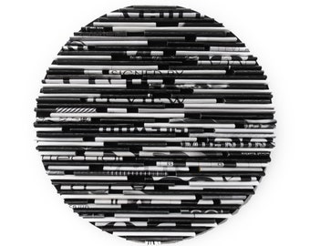 6" black & white round wall art- made from recycled magazines, colorful, unique circle, modern, bold, grey,texture,pattern,depth,bright