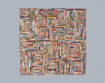 colorful GEOMETRIC wall art- made from recycled magazines,square,blue,green, red, purple, pink, yellow, orange, detail, modern, bright