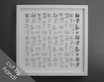 geometric PAPER CUTTING - all white, modern,depth, texture, Paper cut art,designer,fun,unique wall art, framed paper cut,white paper, layers