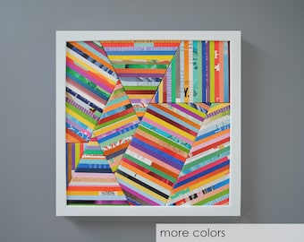 colorful WALL ART made from recycled magazines- layers, geometric, lines,pieces, depth,detail,modern,unique,bright,colorful, pattern,texture