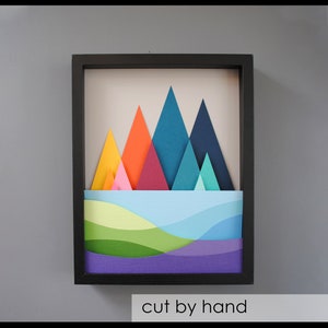 modern landscape art-PAPER CUTTING - colorful paper layers,depth,texture,layers,scene,trendy,unique wall art, framed paper cut,mountains