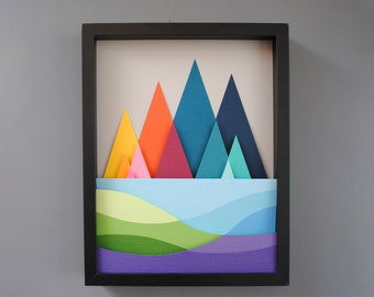 modern landscape art-PAPER CUTTING - colorful paper layers,depth,texture,layers,scene,trendy,unique wall art, framed paper cut,mountains