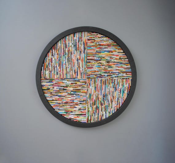 COLORFUL bright wall art- made from recycled magazines, geometric square, modern,unique,art,streaks of color,lines,contemporary design