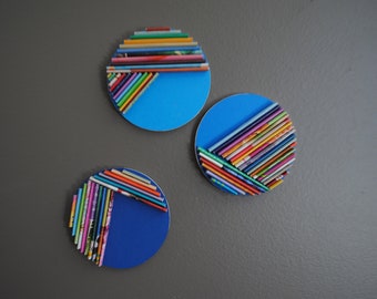 blue set of 3 circles- BRIGHT vcolorful modern wall art- made from recycled magazines,unique, disc,round, pop of color,color blocking,cute